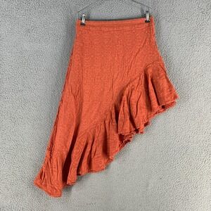 Free People Skirt 6 High Waisted Orange Ruffle Asymmetrical Jacquard‎ Festive